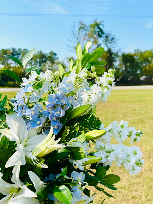 Floral Standing Spray Blues | Wagener Salley Funeral Flowers