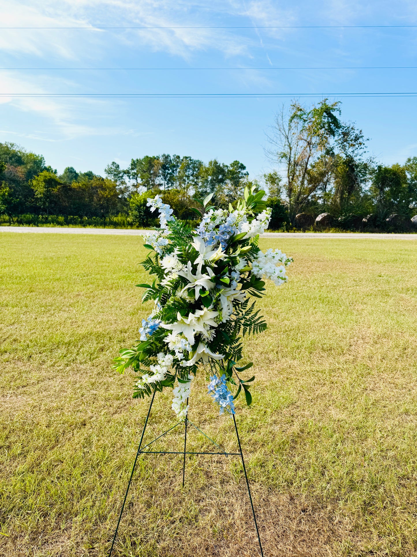 Floral Standing Spray Blues | Wagener Salley Funeral Flowers